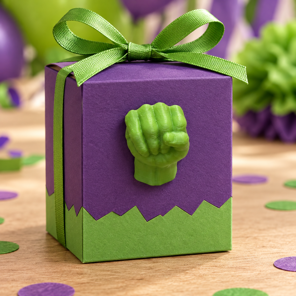 Ideia ilustrativa de mini mão do Hulk aplicada em caixa de papelaria
